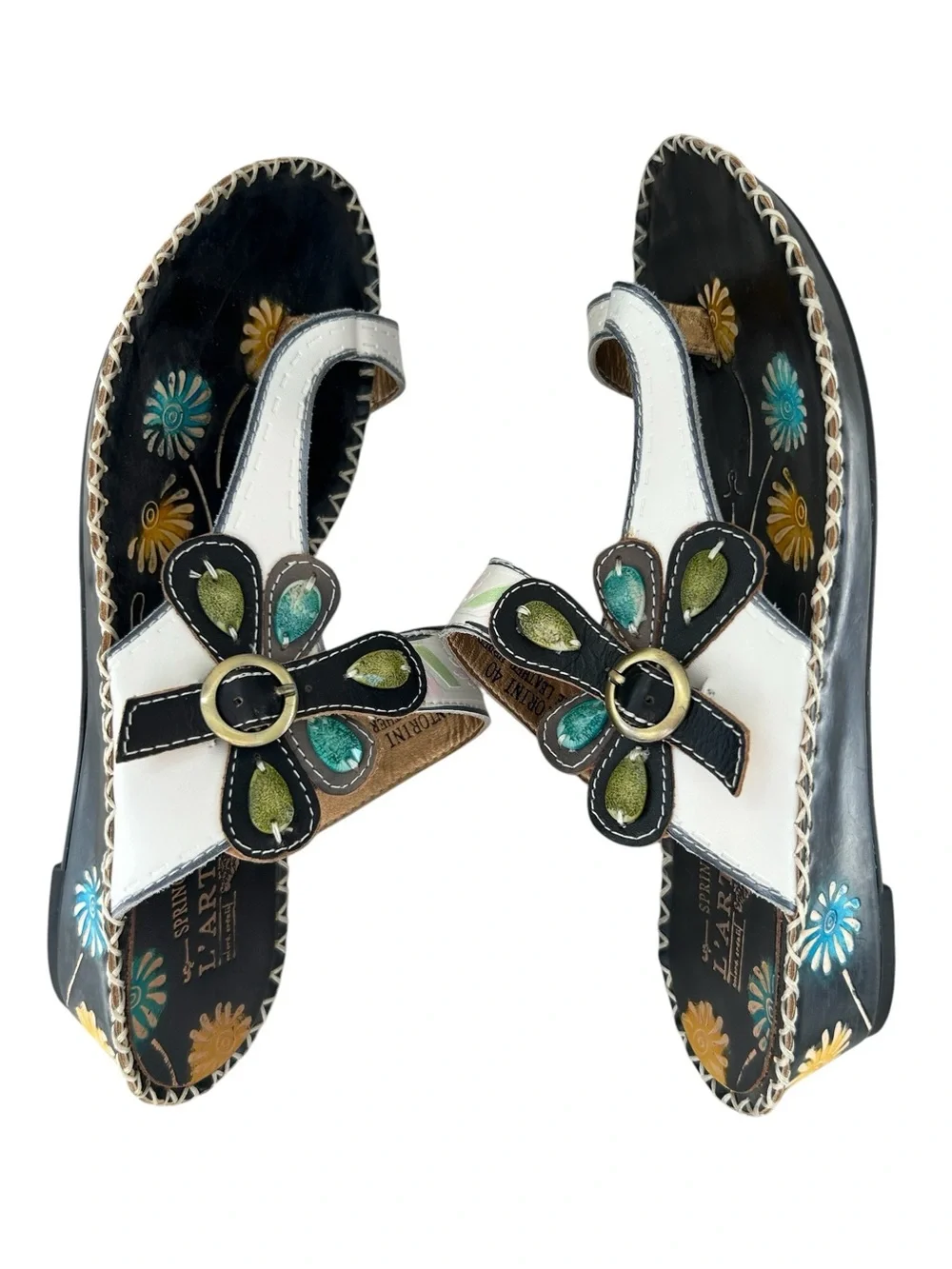 L’ARTISTE by Springstep Santorini White Leather Floral Toe Loop Thong Sandals 40